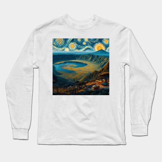 Ngorongoro Crater, Tansania, in the style of Vincent van Gogh's Starry Night Long Sleeve T-Shirt by CreativeSparkzz